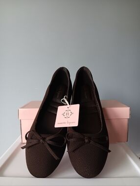 Nanette Lepore Casey Ballet Flats Shoes Textured Fabric Bow Dark Brown Size 9